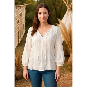 Karen Kane White Cotton Boho Peasant Blouse XL Lace Detail Swiss Dot Top